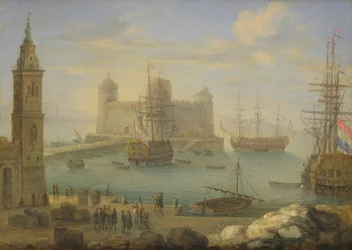 A Mediterranean port with men o